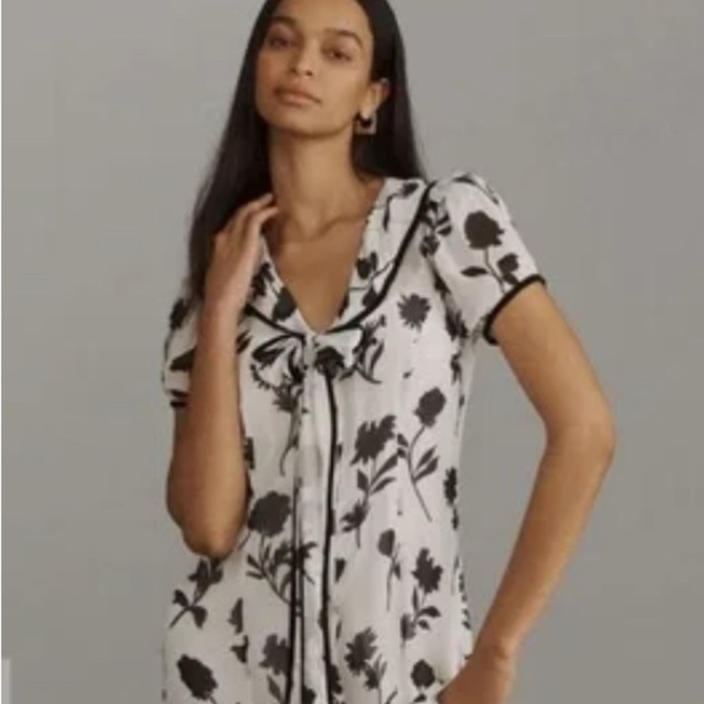 Maeve White Midi Dress with Black Floral Print and Contrast Trim